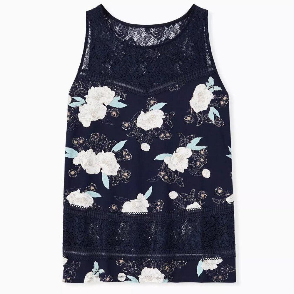 NWT Torrid Navy Floral Lace Inset Tank in Size 1 (14-16)